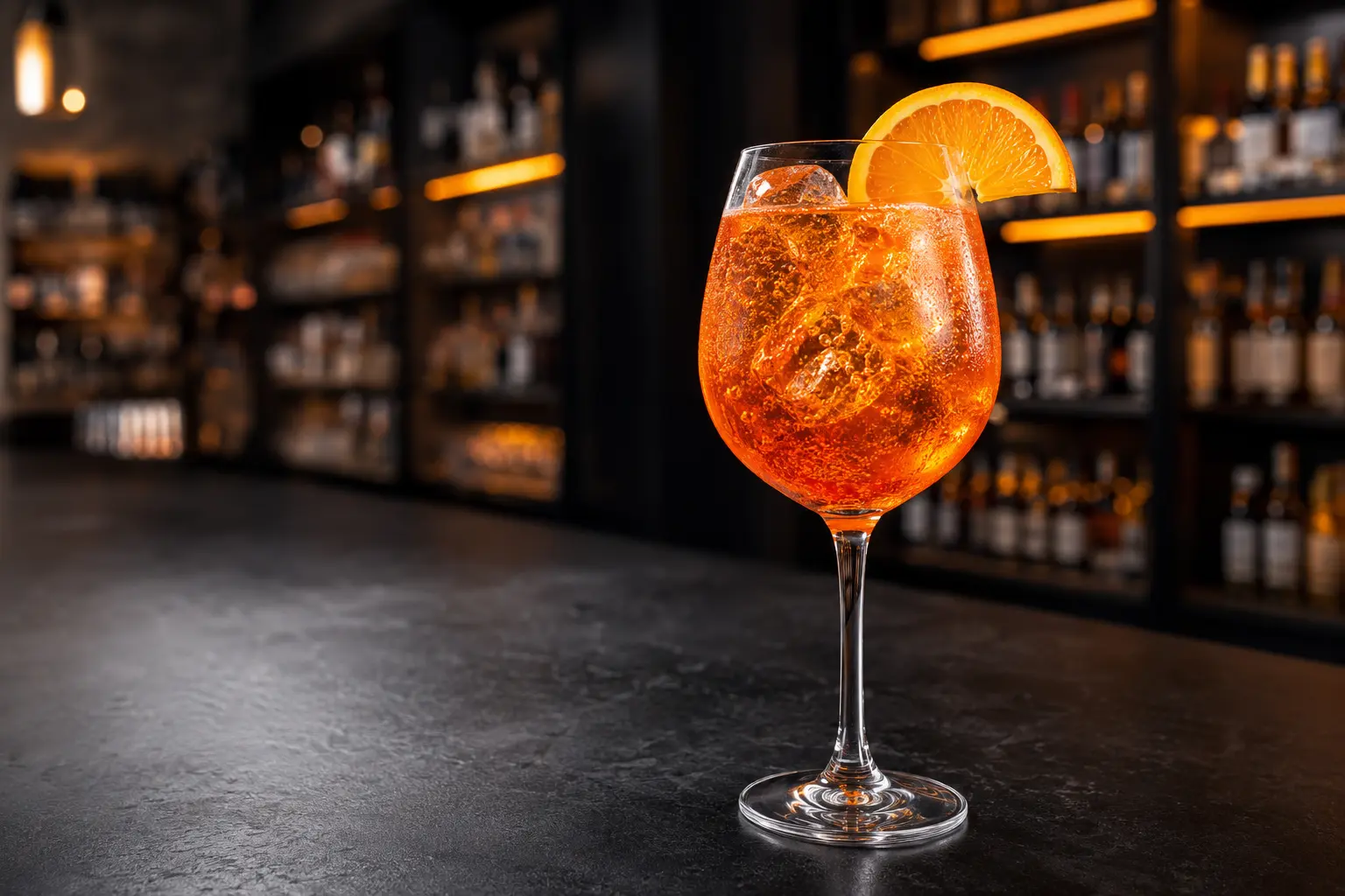 Bright orange Aperol Spritz in a wine glass with ice and orange
