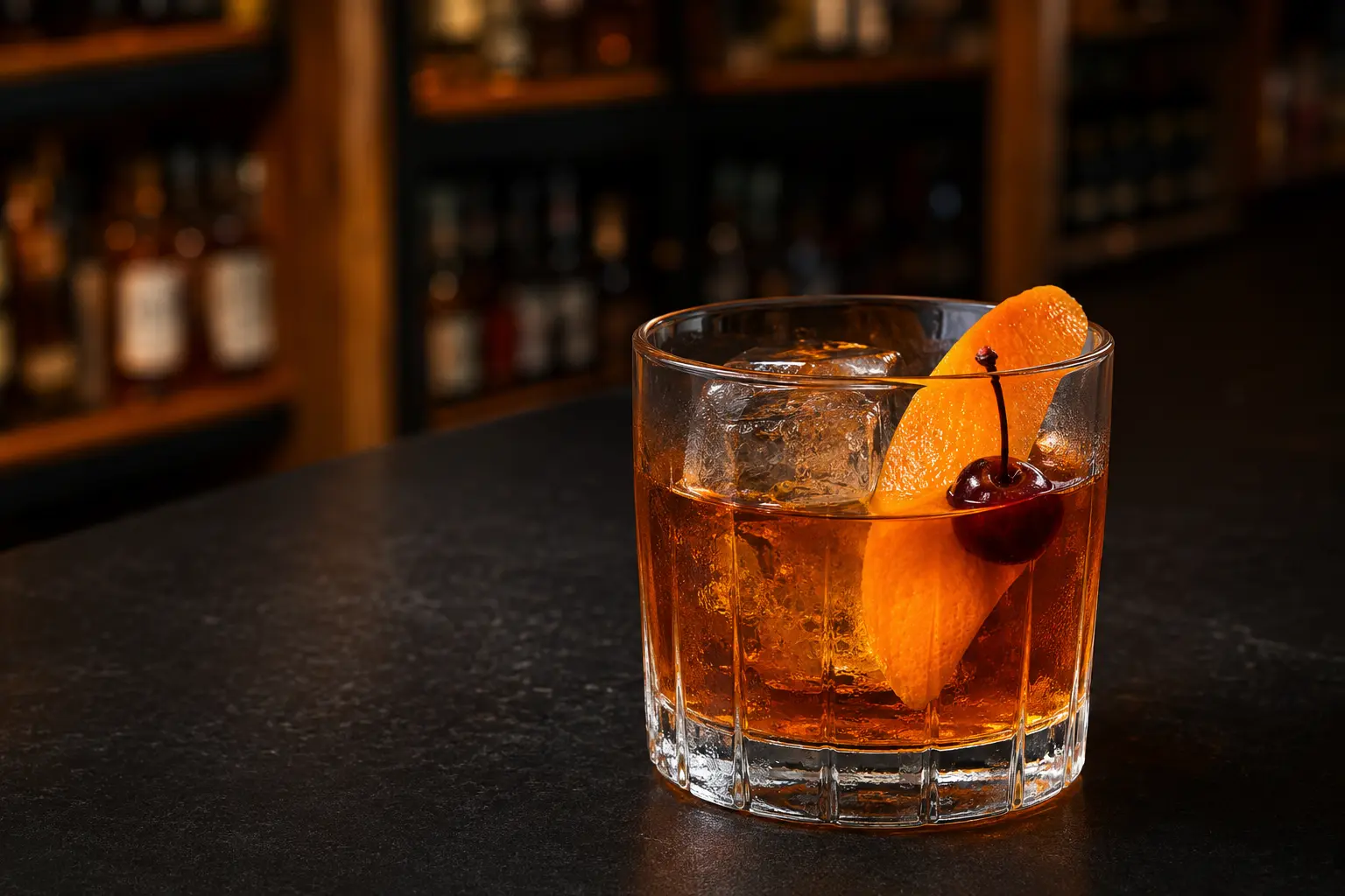 Amber Canadian Old Fashioned over a large ice cube with orange and cherry