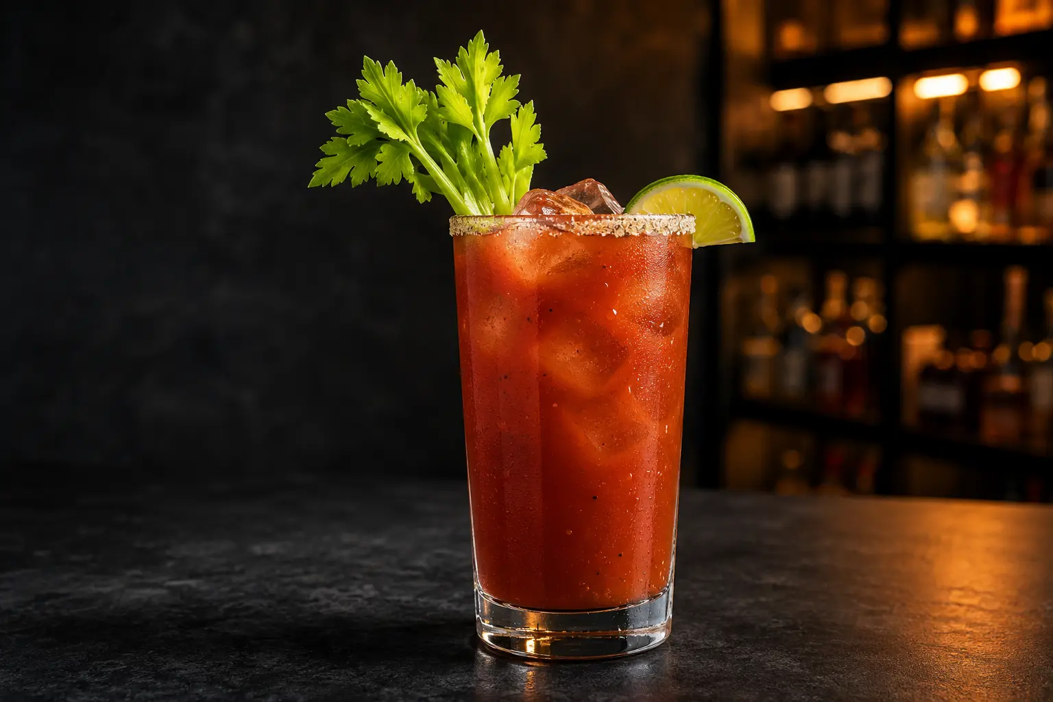 Classic Canadian Caesar with celery, lime, ice, and a celery-salt rim
