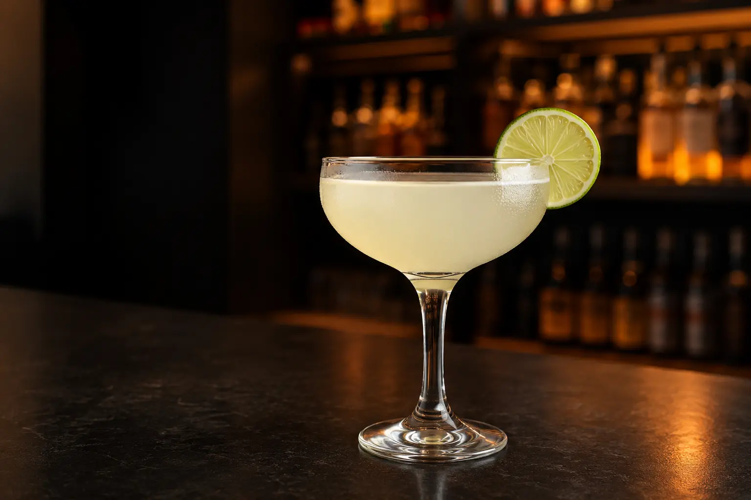 Pale Classic Daiquiri in a chilled coupe with a lime wheel