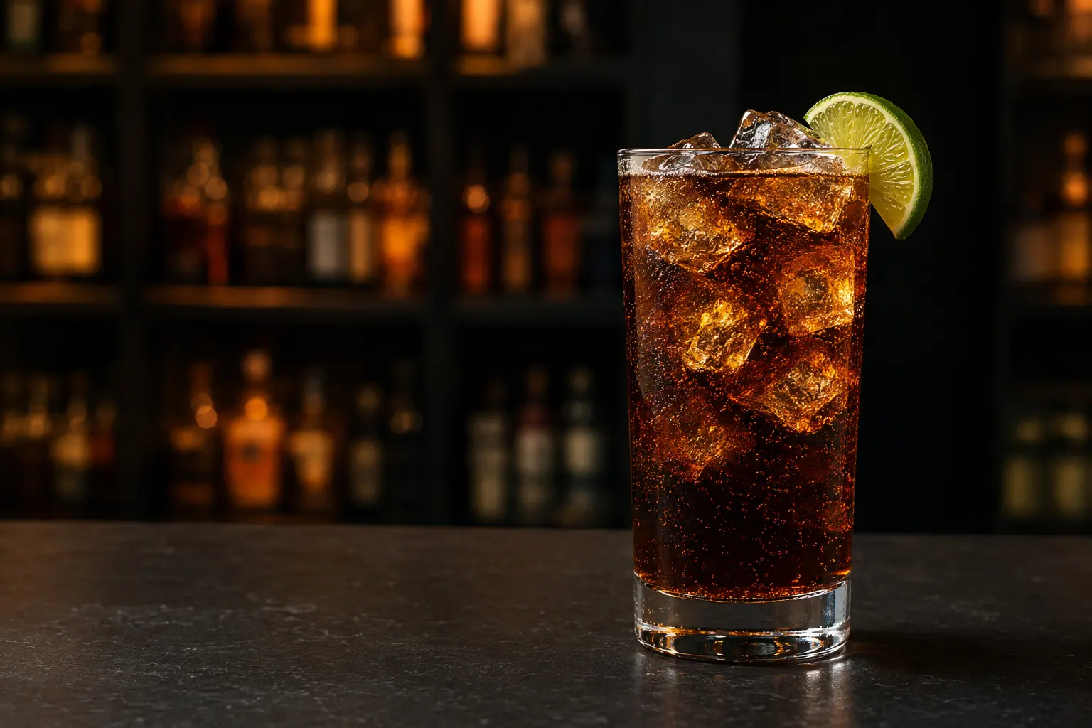 Cuba Libre over ice with cola bubbles and a lime wedge