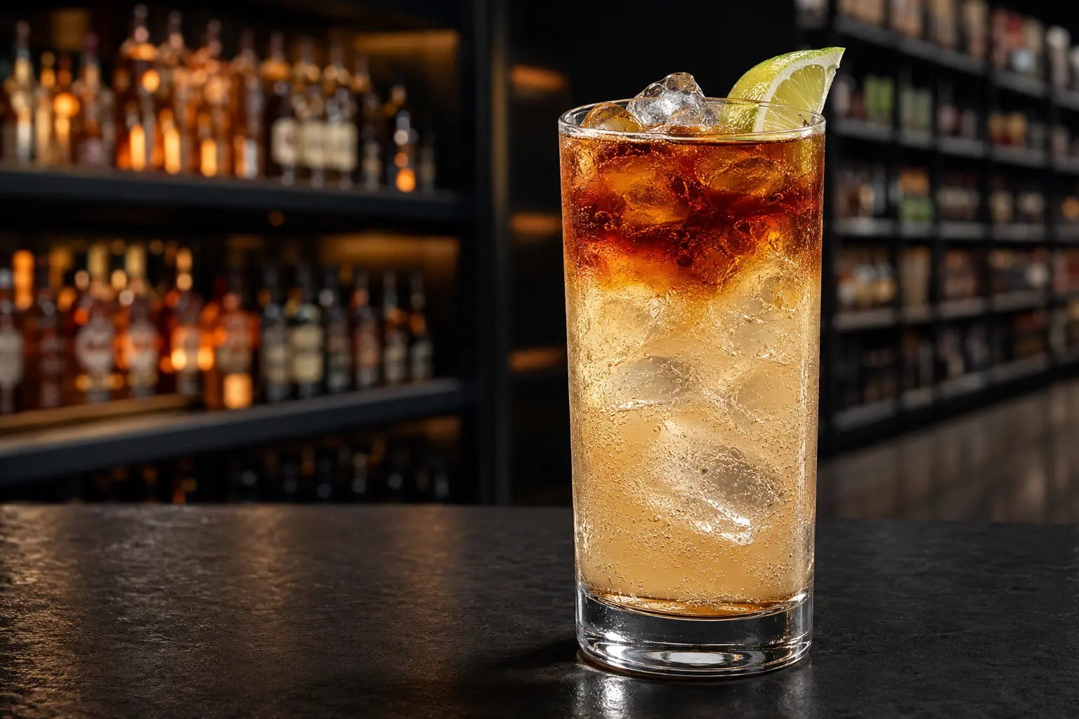 Layered Dark and Stormy with ginger beer, dark rum, ice, and lime