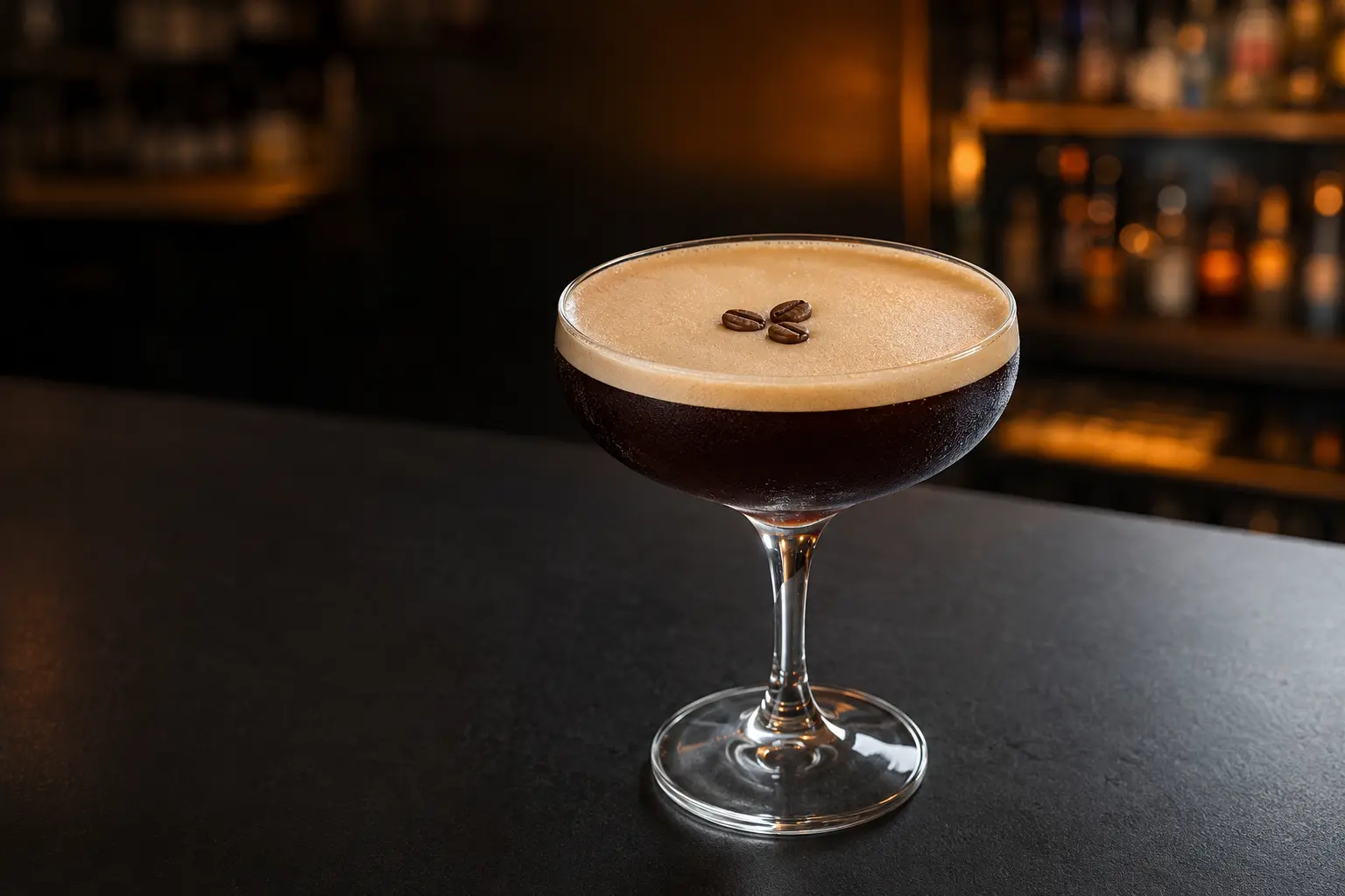 Dark Espresso Martini in a coupe with a crema cap and three coffee beans