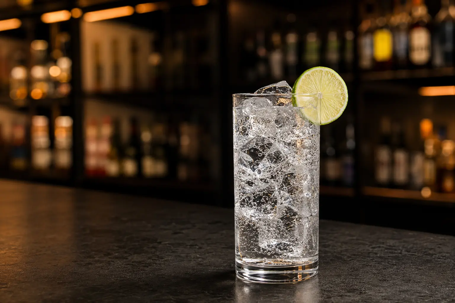 Clear Gin and Tonic over ice with a lime wheel