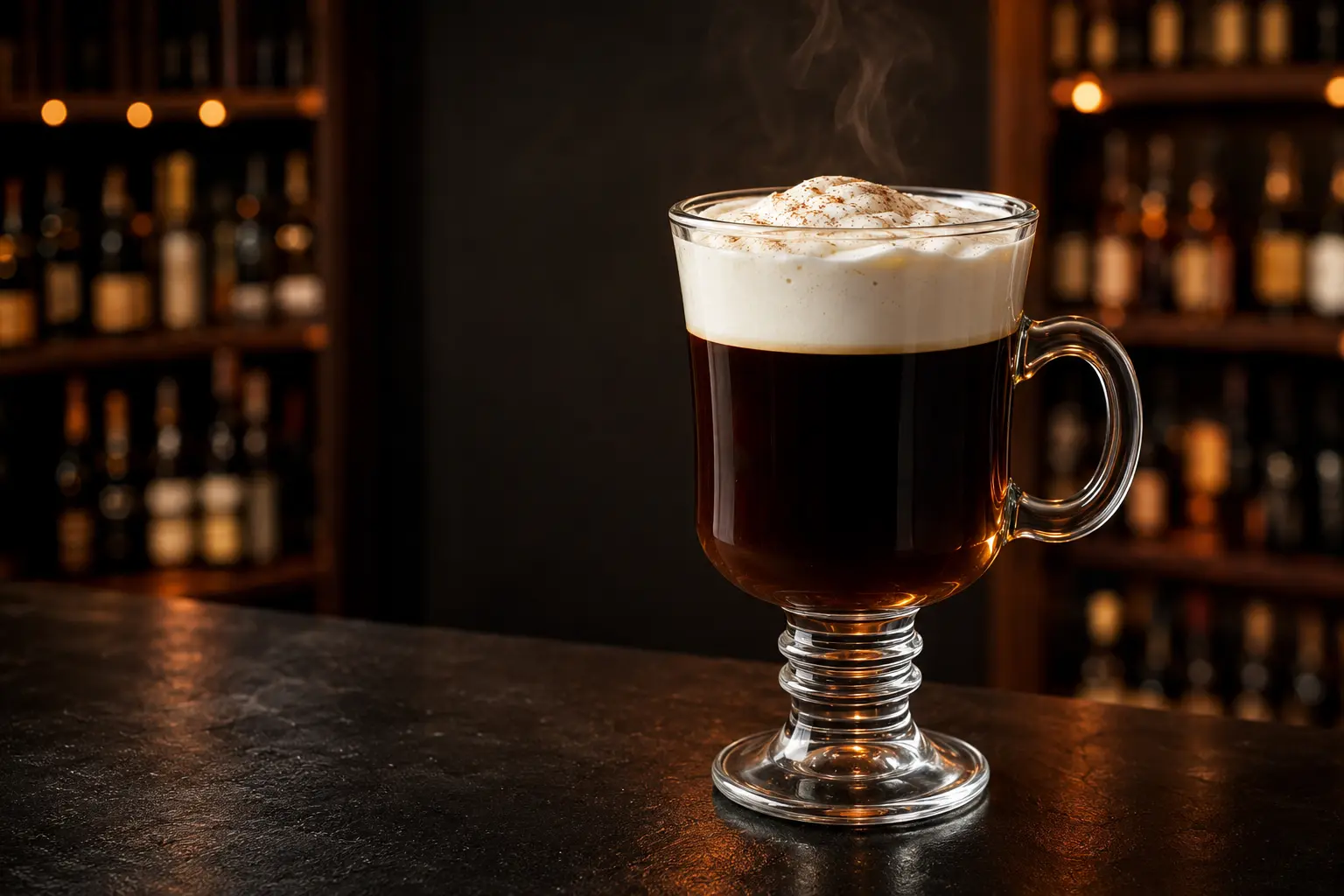 Steaming Irish Coffee in a footed glass topped with whipped cream