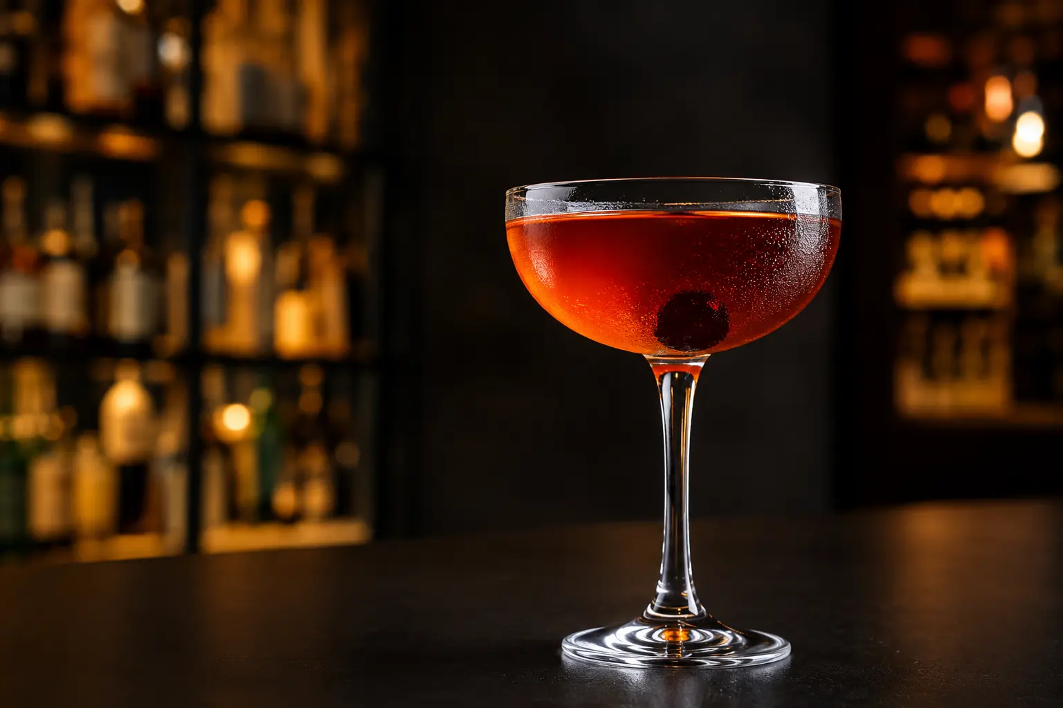 Deep amber Manhattan in a coupe with one dark cocktail cherry