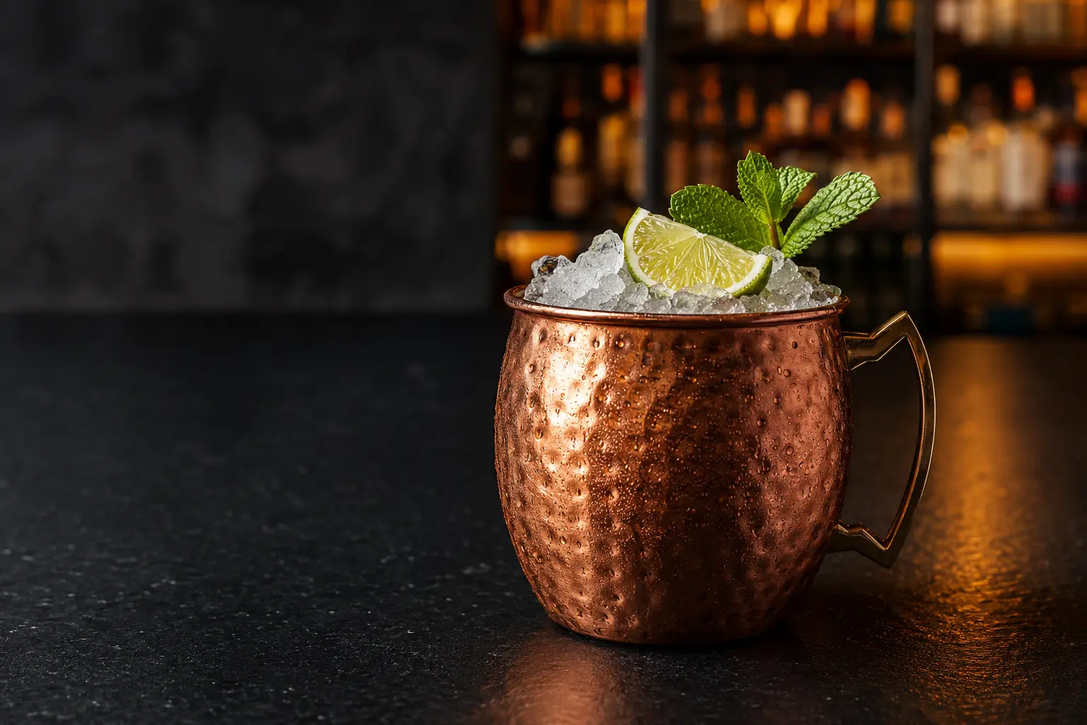 Moscow Mule in a copper mug with crushed ice, lime, and mint