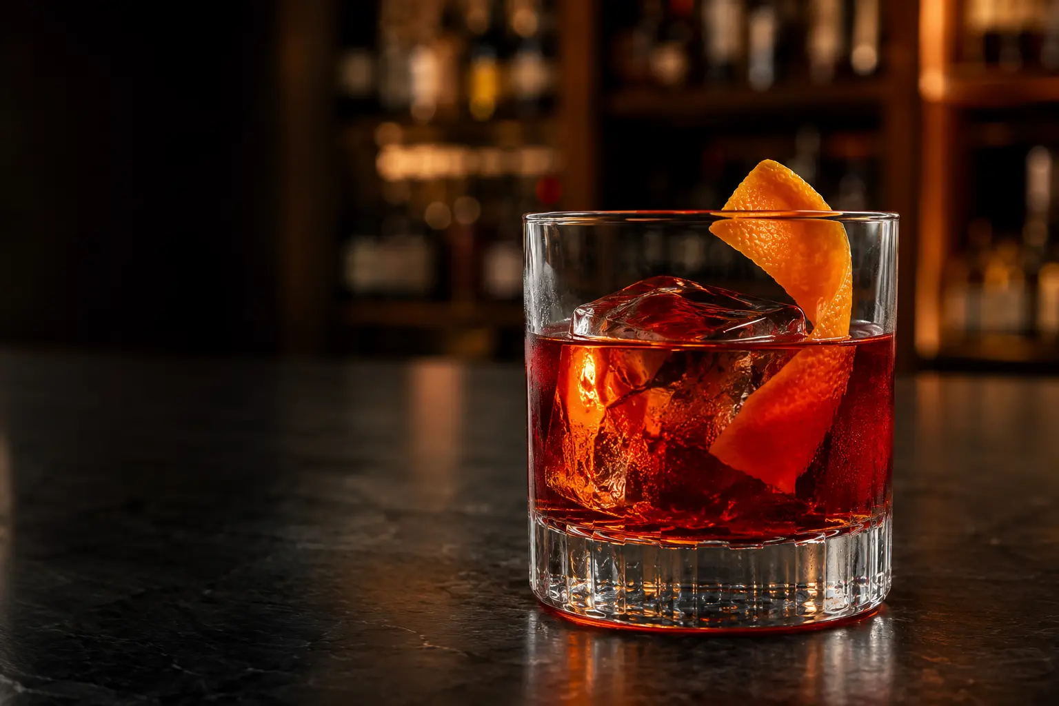 Ruby-orange Negroni over a large ice cube with an orange peel