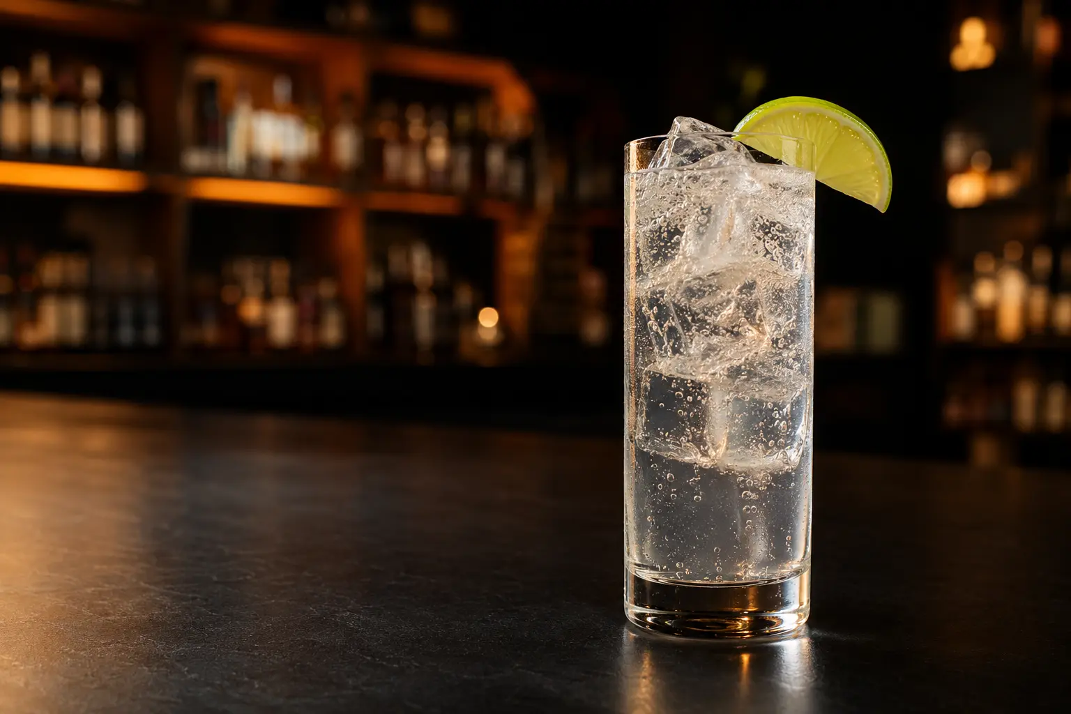 Clear sparkling Sueños Ranch Water over ice with a lime wedge