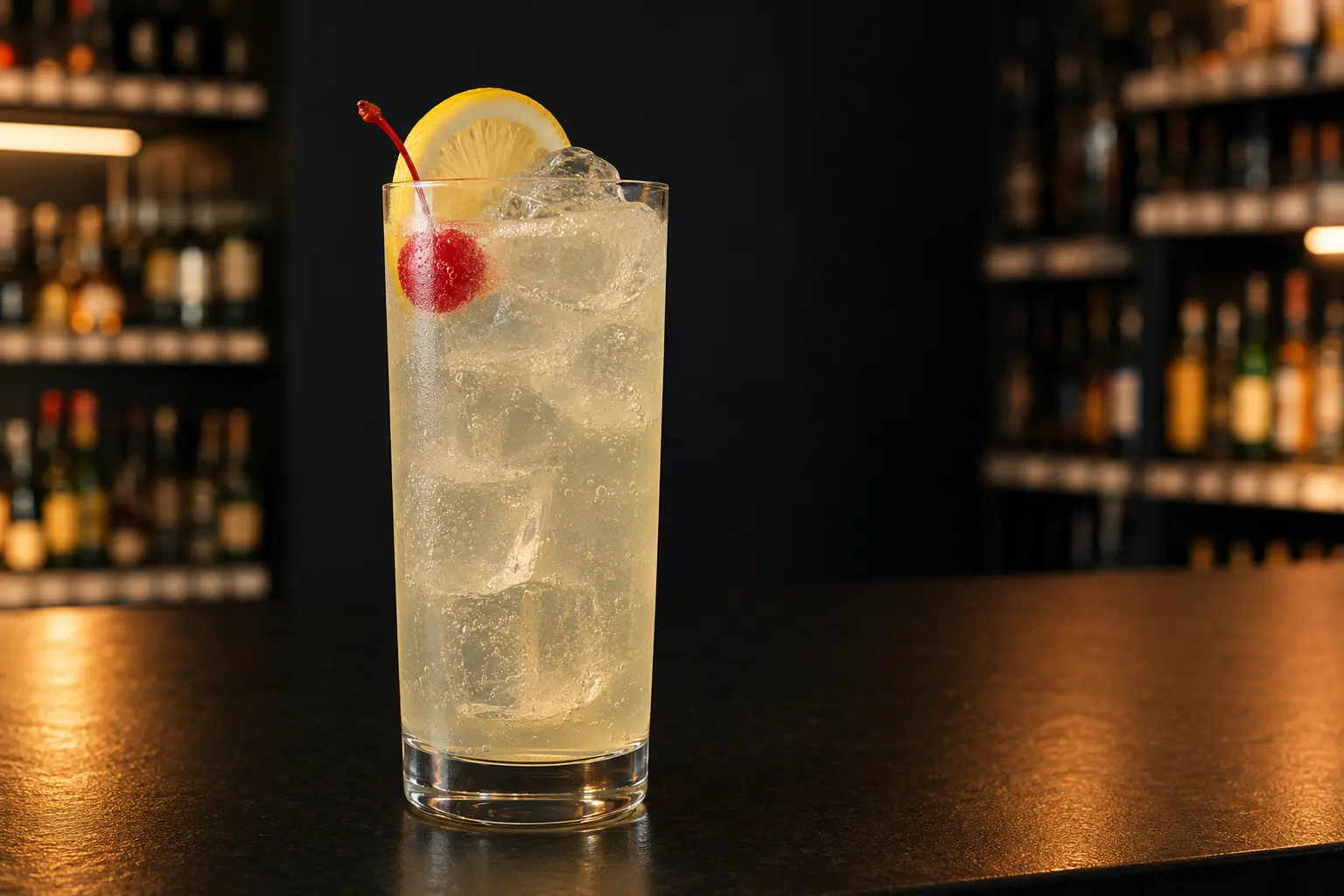 Pale sparkling Tom Collins over ice with lemon and a cocktail cherry