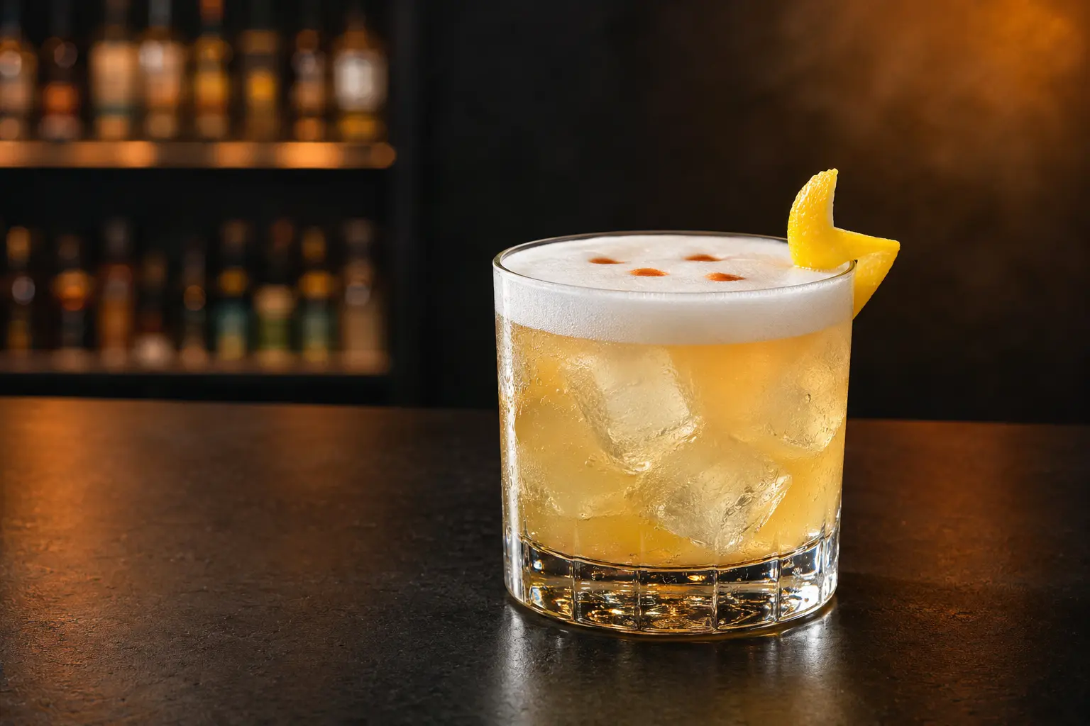 Foamy Whisky Sour over ice with aromatic bitters and a lemon peel